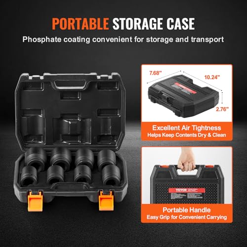 VEVOR Axle Nut Impact Socket Set - 3/4" Drive 6-Point 8-Piece Metric Spindle Nut Socket CR-MO Heat Treated Large Socket Set with Storage Case for Auto Repair, Removing or Installing Axle Nuts - style: 3/4" 8PCS Metric CR-MO