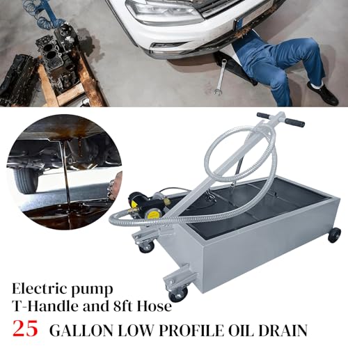 25 Gallon Oil Drain Pan with Electric Pump, Low-Profile Oil Pans for Changing Oil, T-Handle and J-Hook Makes Drain Easier, Gray - color: Gray, size: 25 Gallon