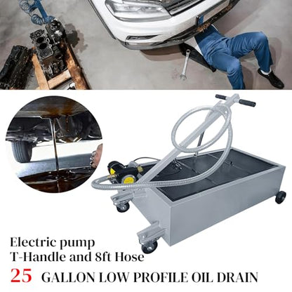 25 Gallon Oil Drain Pan with Electric Pump, Low-Profile Oil Pans for Changing Oil, T-Handle and J-Hook Makes Drain Easier, Gray - color: Gray, size: 25 Gallon