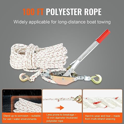 VEVOR Rope Puller, 3/4 Ton (1,653 lbs) Pulling Capacity, with 100' of 0.6" dia. Rope, 2 Hook, Come Along Winch, Heavy Duty Ratchet Power Puller Tool for Moving Boats, Securing Items, Transporting Logs - size: 3/4 Ton