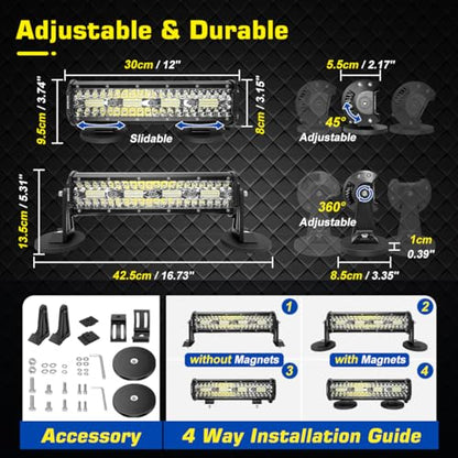 Magnetic LED Light Bar, Super Bright 12 Inch Combo Beam Cigarette Lighter Light Bar 6000K with Strong Magnets 4 Way Mount, 12V 24V Tractor Work Light for ATV Cars Trailer - size: 12inch Combo Magnetic Lights