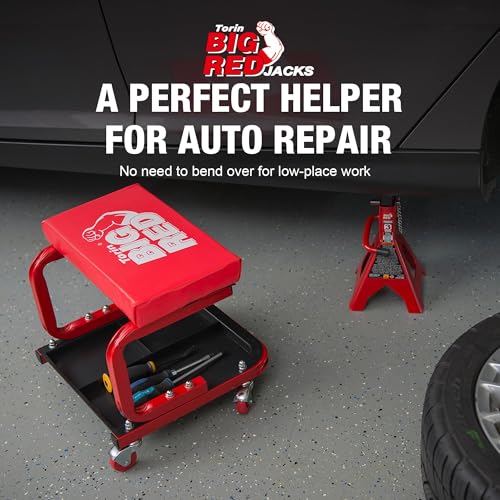 Big RED Rolling Mechanic Stool | 360° swivel casters; 250-lb steel frame; 3-zone tool tray; 14" waterproof padded seat; for garages, auto shops & DIY