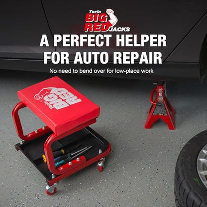 Big RED Rolling Mechanic Stool | 360° swivel casters; 250-lb steel frame; 3-zone tool tray; 14" waterproof padded seat; for garages, auto shops & DIY
