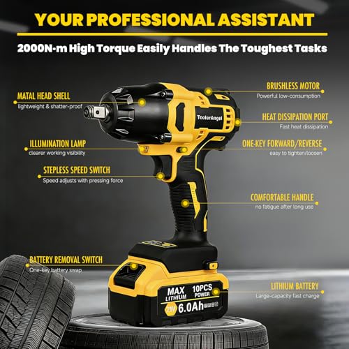 1/2 inch Impact Wrench Cordless, (1000 N.m) 737 Ft-lbs Hight Torque Wrench,20V Power Impact Driver, Brushless Motor 3300 RPM, 2x 6.0AH Li-ion Battery,Charger,6 Sockets