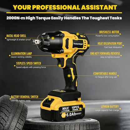 1/2 inch Impact Wrench Cordless, (1000 N.m) 737 Ft-lbs Hight Torque Wrench,20V Power Impact Driver, Brushless Motor 3300 RPM, 2x 6.0AH Li-ion Battery,Charger,6 Sockets