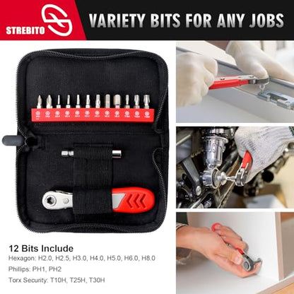 STREBITO Right Angle Screwdriver 14 Piece Mini Ratchet Set, Offset Screwdriver Low Profile Ratchet Screwdriver Set with 1/4 Ratchet, Hex, Phillips, and Torx, EDC Bit Driver for Tight Spaces, Bike - color: 14 in 1 With Zipper Pouch