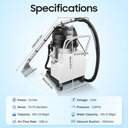 60L Carpet Cleaner Machine, 2110W Commercial Extractor Vacuum Washing Machines Carpet Spraying Floor Brush Cleaners Portable Floor Cleaners w/6 Suction Heads&Wheels for Hotels Dry Cleaners Offices