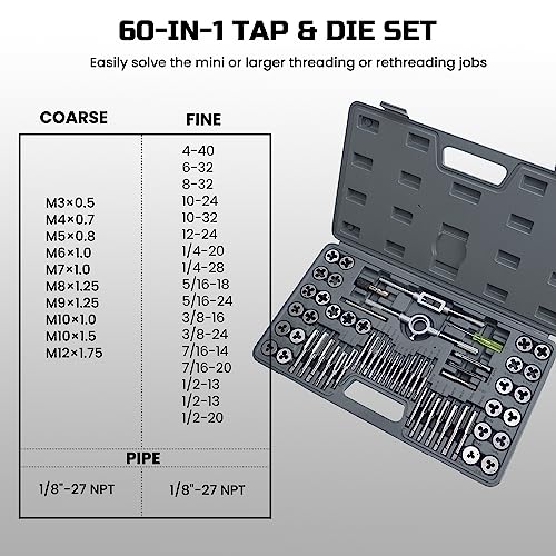 Anfrere 60pcs SAE & Metric Tap and Die Set, Metric Standard Rethreading Tool Kit, Coarse and Fine Threads for Cutting External and Internal Threads, Essential Repair Tool Kit with Storage Case - size: 30pcs Metric & 30pcs Standard