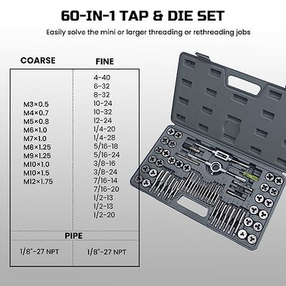 Anfrere 60pcs SAE & Metric Tap and Die Set, Metric Standard Rethreading Tool Kit, Coarse and Fine Threads for Cutting External and Internal Threads, Essential Repair Tool Kit with Storage Case - size: 30pcs Metric & 30pcs Standard