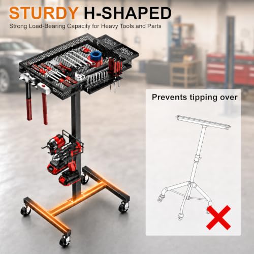 Rolling Tool Cart with Wheels, Metal Work Table Tool Organizer | Mechanic Cart with Side Tool Slots & Mesh Tray, Ideal for Garage & Workshop