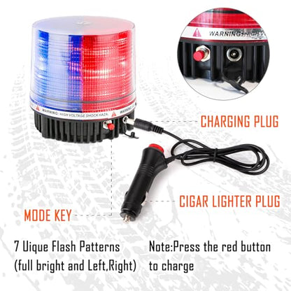 LED Wireless Rotating Beacon Battery Strobe Warning Light Red Blue | Hazard Flash Emergency Safety Roof Top Lights Magnetic Base Mount and Rechargeable Portable For Plow Tractor UTV Golf Cart - color: Red/Blue