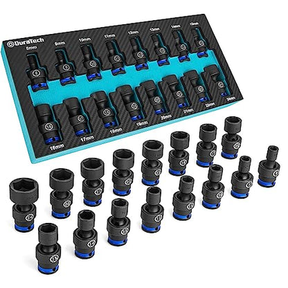 DURATECH 3/8" Drive Impact Universal Joint Socket Set, 16-Piece, 8-24MM | Swivel Socket Set, Metric, Cr-Mo Steel, EVA Foam Organizer - size: 16pc