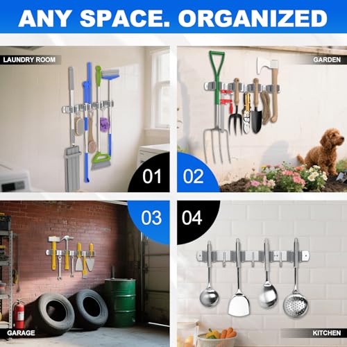 Broom Holder Wall Mount Mop Organizer, 4 Racks 3 Hooks, 2 Pack | Premium Stainless Steel Broom Hanger for Durable Rustproof Tool Rack Storage in Home, Kitchen, Garden, Laundry, Garage - size: 4 Racks 3 Hooks