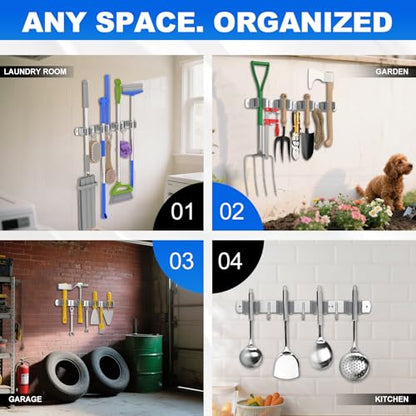 Broom Holder Wall Mount Mop Organizer, 4 Racks 3 Hooks, 2 Pack | Premium Stainless Steel Broom Hanger for Durable Rustproof Tool Rack Storage in Home, Kitchen, Garden, Laundry, Garage - size: 4 Racks 3 Hooks