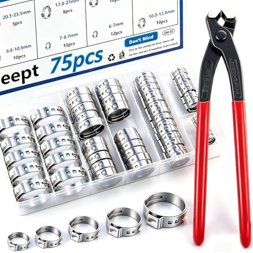 75Pcs 8-Sizes 304 Stainless Steel Single Ear Hose Clamps with Ear clamp plier 6-23.6mm Crimp Hose Clamps Assortment Kit for Auto/Home Appliance/Pipe/Fuel Line Stepless hose clamp with pincer - color: Silver, size: 6-23.5mm 75pcs
