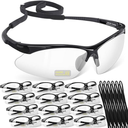 OXG 12 Pack Anti Fog Safety Glasses for Men, ANSI Z87.1 Safety Goggles Impact Scratch Resistant Eye Protection for Work - color: Clear With Straps