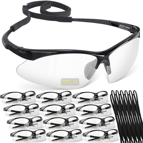 OXG 12 Pack Anti Fog Safety Glasses for Men, ANSI Z87.1 Safety Goggles Impact Scratch Resistant Eye Protection for Work - color: Clear With Straps