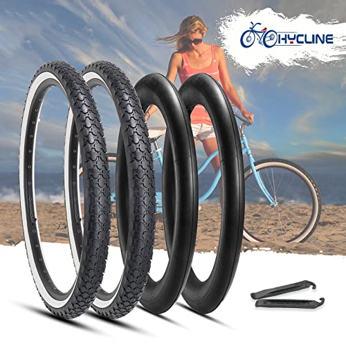 Hycline 2-Pack Cruiser Bike Tires Set: 24/26x2.125 inch Folding Replacement High-Performance Wear-Resistant Tires with Inner Tubes & Tire Levers for Beach & Urban Commuter Bikes - color: White Set-26x2.125