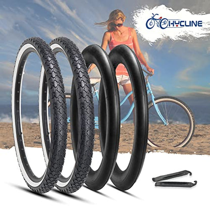 Hycline 2-Pack Cruiser Bike Tires Set: 24/26x2.125 inch Folding Replacement High-Performance Wear-Resistant Tires with Inner Tubes & Tire Levers for Beach & Urban Commuter Bikes - color: White Set-26x2.125