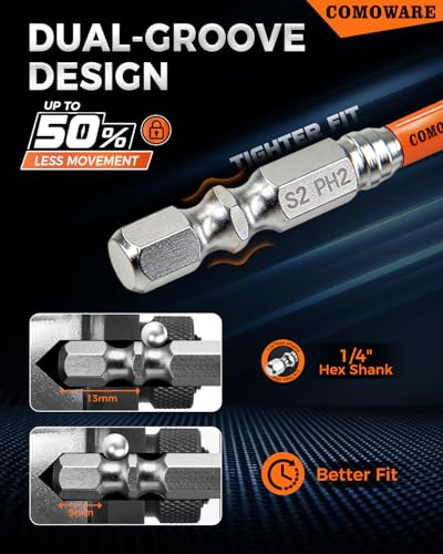 COMOWARE 2 Inch PH2 High Magnetic Impact Screwdriver Drill Bit Set, 21PCS, #2 Anti-Slip Phillips Bits, S2 Steel, Chrome Plated Driver Bit Set with CNC Magnetic Impact Bits for Power Drill - color: Ph2 21pcs Chrome-plated