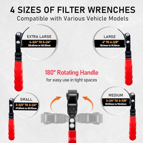 KOOPOOL 8Pc Oil Filter Wrench Set – Fits 2-3/4" to 5-1/4" | 8-piece oil filter removal tool set: 2 adjustable pliers (9" & 12"), swivel wrenches, adapter. Organized in storage case