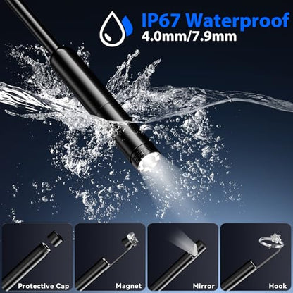 Endoscope Camera with Light, 1920P HD Borescope Tools with 8 Adjustable LED Lights, 9.8FT Semi-Rigid Snake Cord IP67 Waterproof Inspection Camera for iPhone, iPad, iOS and Android Phone - size: 9.8FT, style: Single Lens