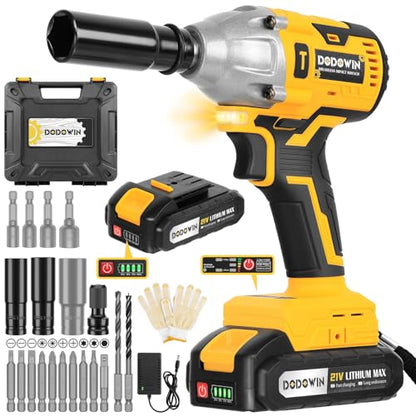 dodowin Cordless 1/2 inch Brushless Impact Wrench, Max Torque 236Ft-lbs(320N.m) High Brushless Electric Impact Gun，for Car Home,Power Impact Driver with 4-Mode Speed, LED Work Light，1 Battery