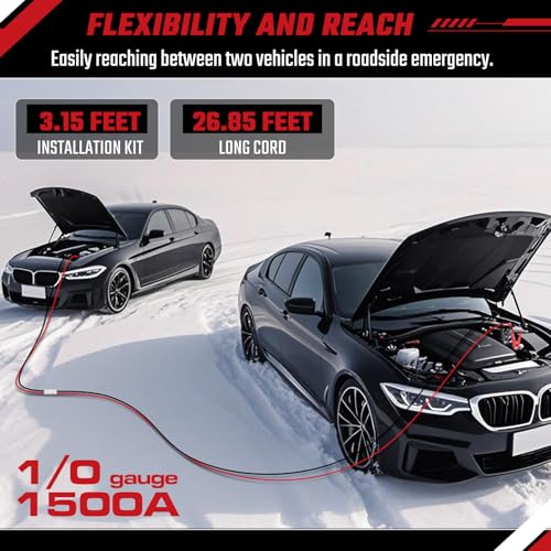 Jumper Cables, 30 feet 1 Gauge 1000Amp, Heavy Duty Booster Battery Cables with Permanent Installation kit and Quick Connect Plug for 12V & 24V Cars, SUV, Trucks, Diesel Trucks - size: 1 Gauge 30 Feet