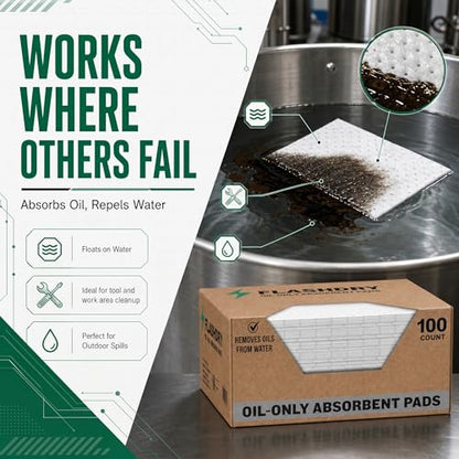 FlashDry Oil Absorbent Pads, High Absorbency 17.5” x 13.5”, 100 Count | Oil absorbing sheets, Water-Repellent, Tear-Resistant, Premium Mats, Ideal for Garage, Driveway, Automotive, Marine Use - size: 100 Pads - 2mm