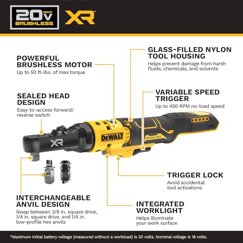 DEWALT 20V MAX* XR Brushless 1/4 in. & 3/8 in. Sealed Head Ratchet (Tool Only) (DCF520B)