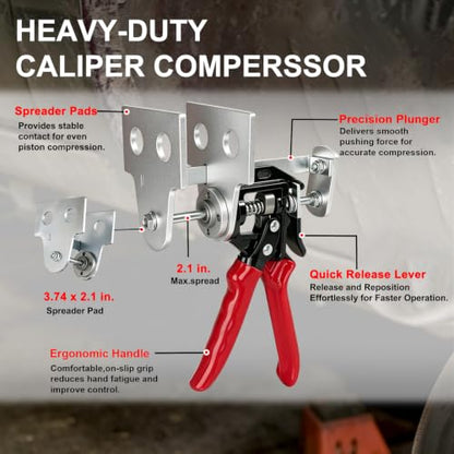 Quick Brake Caliper Compression Tool for Quad Piston Disc Brake Calipers | Heavy Duty Brake Piston Compressor for Brake Pad Replacement, Also Works with Many Single & Dual Push-In Brake Calipers
