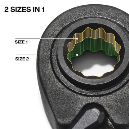 KLEIN TOOLS 68216M 4-in-1 Reversible Ratchet Wrenches Set, 2-Piece, Eight Metric Hex Sizes, 8mm x 10mm, 12mm x 13mm, 14mm x 15mm, and 17mm x 19mm Box Wrench Set, 90-Tooth Ratchet, Pass-Through Design