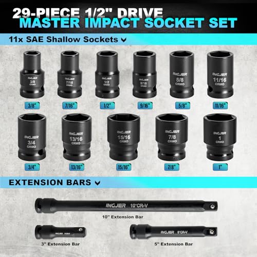 1/2 Impact Socket Set, 29PCS Shallow, SAE (3/8 to 1 inch) and Metric (10-24mm) Sizes with Extension Bars Standard Shallow Socket Set CR-MO Material High Torque Truck Bearing Locknut - size: 1/2inch 29PCS SHALLOW