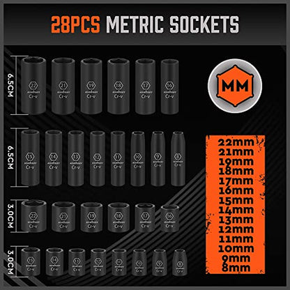 HORUSDY 50-Piece 3/8" Drive Impact Socket Set, Standard SAE (5/16 to 3/4 inch) and Metric (8-22mm) Size, 6 Point, Cr-V, 3/8-Inch Drive Ratchet Wrench, Drive Extension Bar, Impact Universal Joint - style: 50PC 3/8" Master Kit