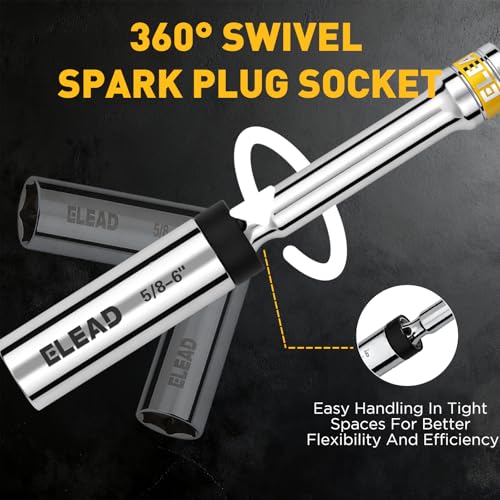 ELEAD 5/8" Swivel Magnetic Spark Plug Socket, 3/8" Drive x 6" Total Length, Thin Wall Spark Plug Removal Tool, 360 Degree Swivel, Enhanced Magnetic, 6-Point Design, Cr-V Steel - size: 5/8" x 6" Spark Plug Socket
