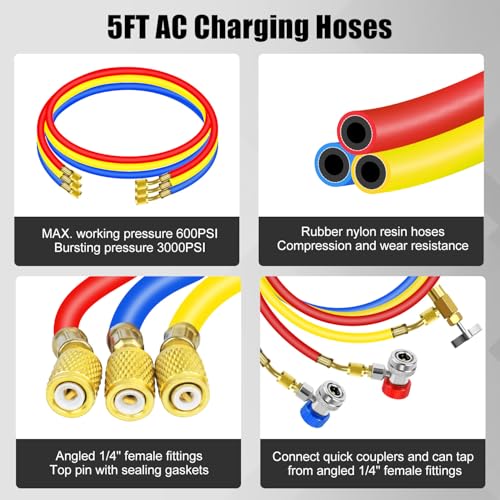 AC Manifold Gauge Set, 3 Way Car HVAC R134a R404a Refrigerant Charging Tool Kit, with Hoses Quick Coupler Adapter Can Tap Case, for Auto Air Conditioner Freon Diagnostic Test and Recharge