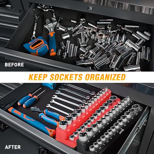 GOOACC 1/4" Magnetic Socket Organizer, 2 Pieces Socket Holder Metric SAE Socket Tray, 1/4 inch Socket Organizer Tray Holds 52 Standard Sockets for Tool Box Drawer - size: 2PCS 1/4" SAE & Metric Red Black
