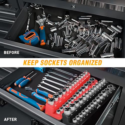 GOOACC 1/4" Magnetic Socket Organizer, 2 Pieces Socket Holder Metric SAE Socket Tray, 1/4 inch Socket Organizer Tray Holds 52 Standard Sockets for Tool Box Drawer - size: 2PCS 1/4" SAE & Metric Red Black