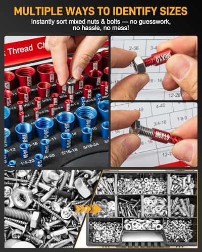 66-Piece Nut and Bolt Thread Checker Kit | 34 SAE (Blue) + 32 Metric (Red) Thread Gauges - Precision Bolt Size Finder for Tight Spaces, DIY & Professional Repairs