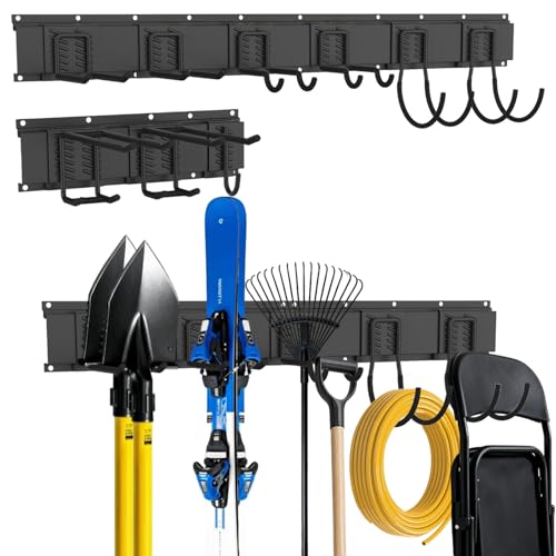 Garage Tool Organizer Wall Mount, Easy to 48inch Install Heavy-Duty Garage Storage System with 9 Adjustable Hooks, Garden Tool Rack for Shovels, Rakes, Yard Tools - size: 48" System - 9 Piece Set