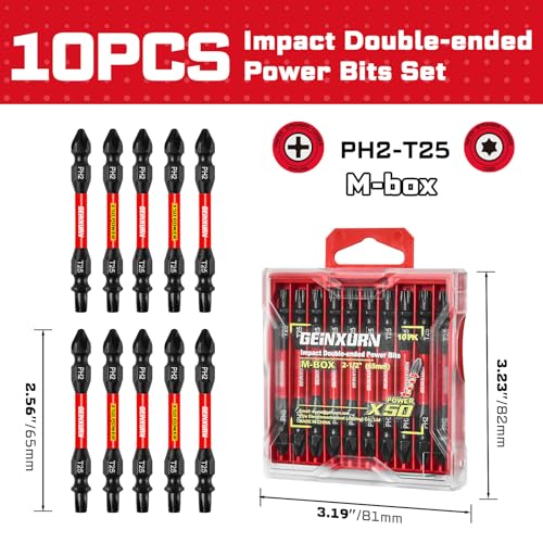 Geinxurn 10Pcs PH2-T25 Impact Double End Screwdriver Bit Set, 2.56 in. #2 Phillips /#25 Torx Power Driver Bits, Magnetic S2 Steel Two Sides Screwdriver Bits Set with Storage M-Box - style: 2.56"-PH2/T25-10PC