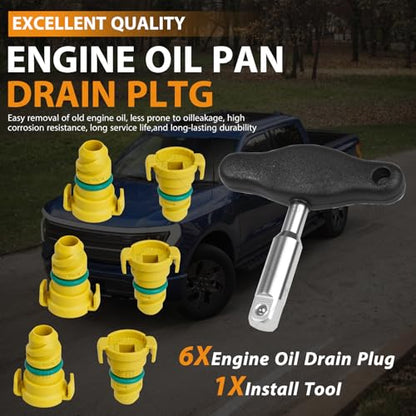 6 Pack Oil Drain Plug Compatible with Ford F-150 F150 Mustang Bronco Explorer Edge Lincoln with Removal Tool