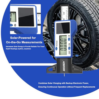 GODESON Digital Tire Tread Depth Gauge – Solar & Battery Hybrid, Inch/MM Modes, 1"/25.4mm Range, Blue Accurate Tread Depth Gauge Tool for Cars, Trucks & Motorcycles Tire Wear Check - style: IN/MM - Blue