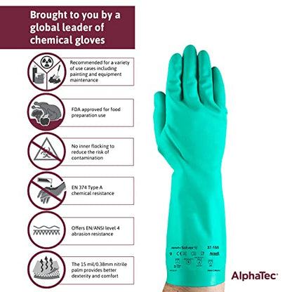 Ansell AlphaTec Solvex 37-155 Nitrile Chemical Gloves, 2X-Large Case of 144 | Green, Size 11 (2XL), unisex chemical-resistant gloves with EN 374 Type A protection & sandpatch grip - size: XX-Large, style: 144 Pairs