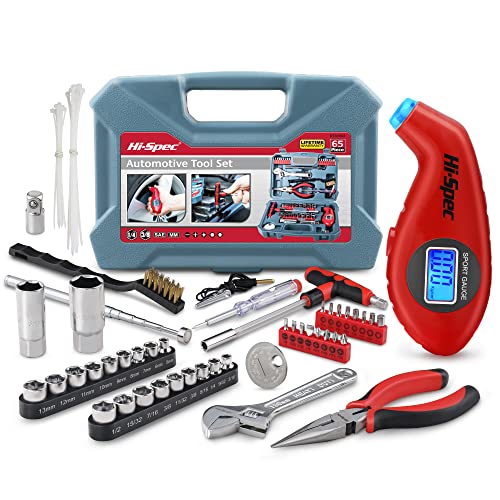 Hi-Spec 65pc Compact Auto Garage Tool Kit Set with Digital Tire Pressure Gauge. Essential Car Vehicle Repair Tools in a Toolbox Case of Screwdrivers, Sockets, Wrench and Magnetic Pickup - size: 65 PCS
