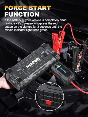 AVAPOW Car Jump Starter, 4000A Peak Battery | For All Gas or Up to 10L Diesel, Portable Booster Power Pack, 12V Auto Jump Box with LED Light, USB Quick Charge 3.0