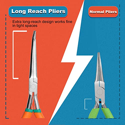 SPEEDWOX 7" Long Reach Needle Nose Pliers with Teeth, Extra Long Nose Mini Precision Wire Looping Pliers with Anti-Loss Lanyard for Narrow Spaces, Needle Remover Pliers(Curved Tips, Curved Handle) - style: Long Curved Tips &Curved Handle
