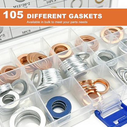105 PCS Car Oil Drain Plug Gaskets Assortment, ID M10 M12 M14 M16 M18 M20 Engine Crush Washers, Portable Oil Drain Plugs Washer Replacement Kit for Most Vehicles, Car Accessories