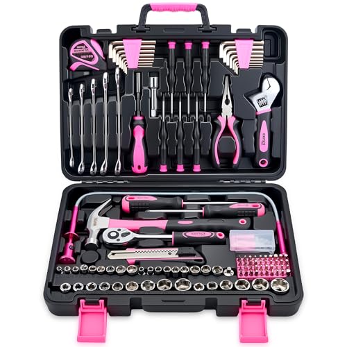 KOOPOOL 159 Piece Pink Tool Set, Tool Kit for Women, General Household pink tool kit for Home Auto Repair, Basic Mechanic Tool Box, with Storage Case - color: Pink