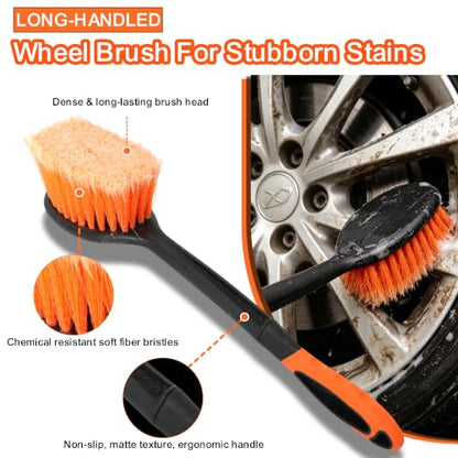 18FT Reach Car Wash Brush with Long Handle, Car Washing Kit with 4-12FT Telescoping Extension Pole, Wheel Brush, Microfiber Cleaning Mop, Mitt, Window Squeegee for Cleaning RV, Truck, SUV